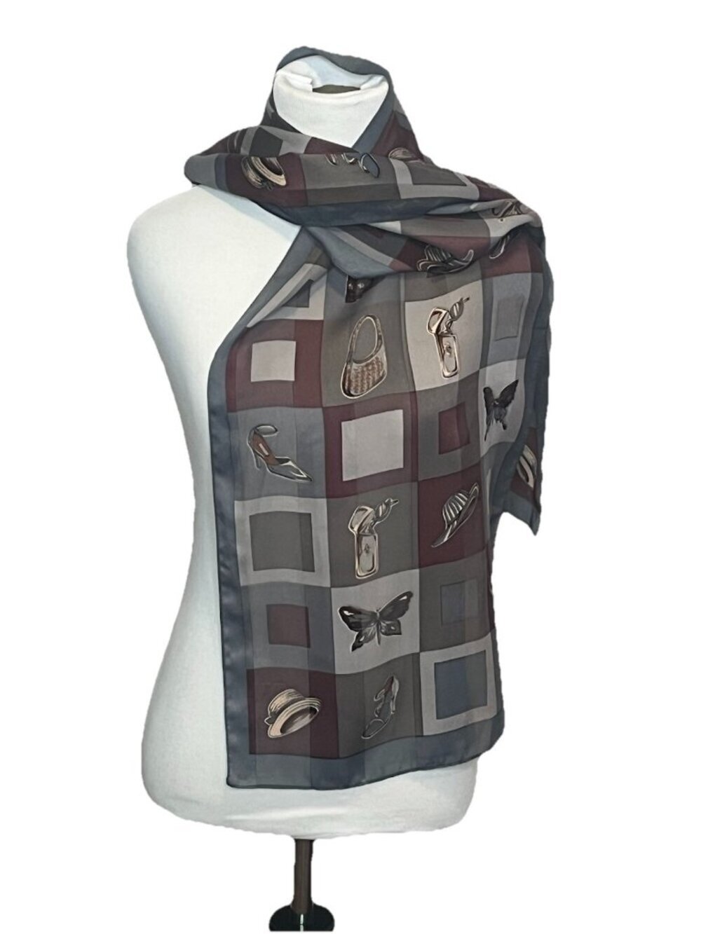Vintage Fashion Print Oblong Scarf Gray Burgundy Hats Shoes Butterflies 13 x 60